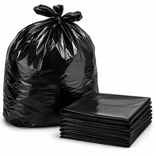 Black garbage bags stacked together